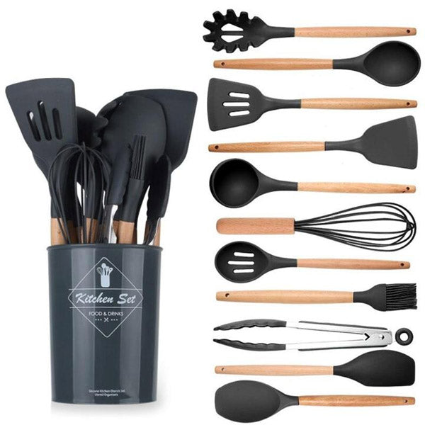 12 Pcs Silicone Cooking Spatula Utensils Wooden Handle Set