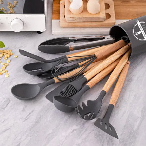 12 Pcs Silicone Cooking Spatula Utensils Wooden Handle Set