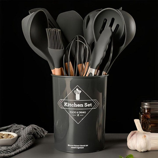 12 Pcs Silicone Cooking Spatula Utensils Wooden Handle Set