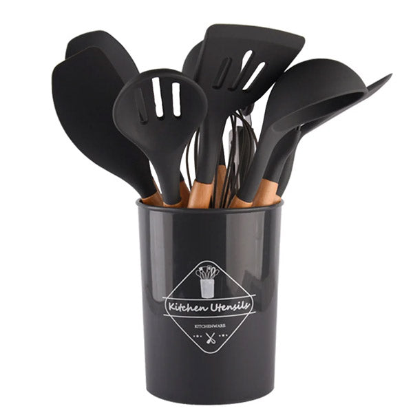 12 Pcs Silicone Cooking Spatula Utensils Wooden Handle Set