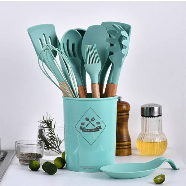 12 Pcs Silicone Cooking Spatula Utensils Wooden Handle Set