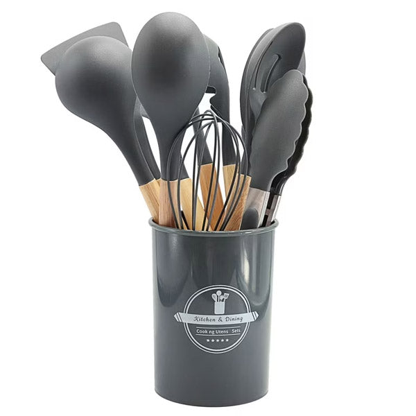 12 Pcs Silicone Cooking Spatula Utensils Wooden Handle Set