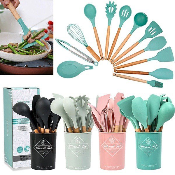 12 Pcs Silicone Cooking Spatula Utensils Wooden Handle Set