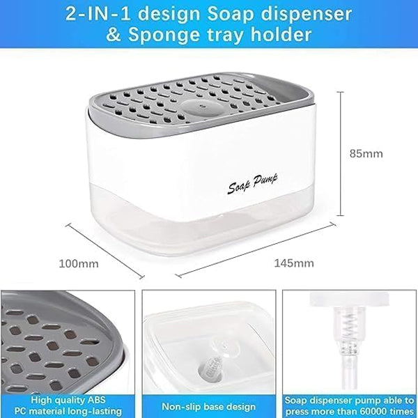 Kitchen Soap Dispenser with Sponge Holder, 2-in-1 Countertop Design, 370ml Capacity