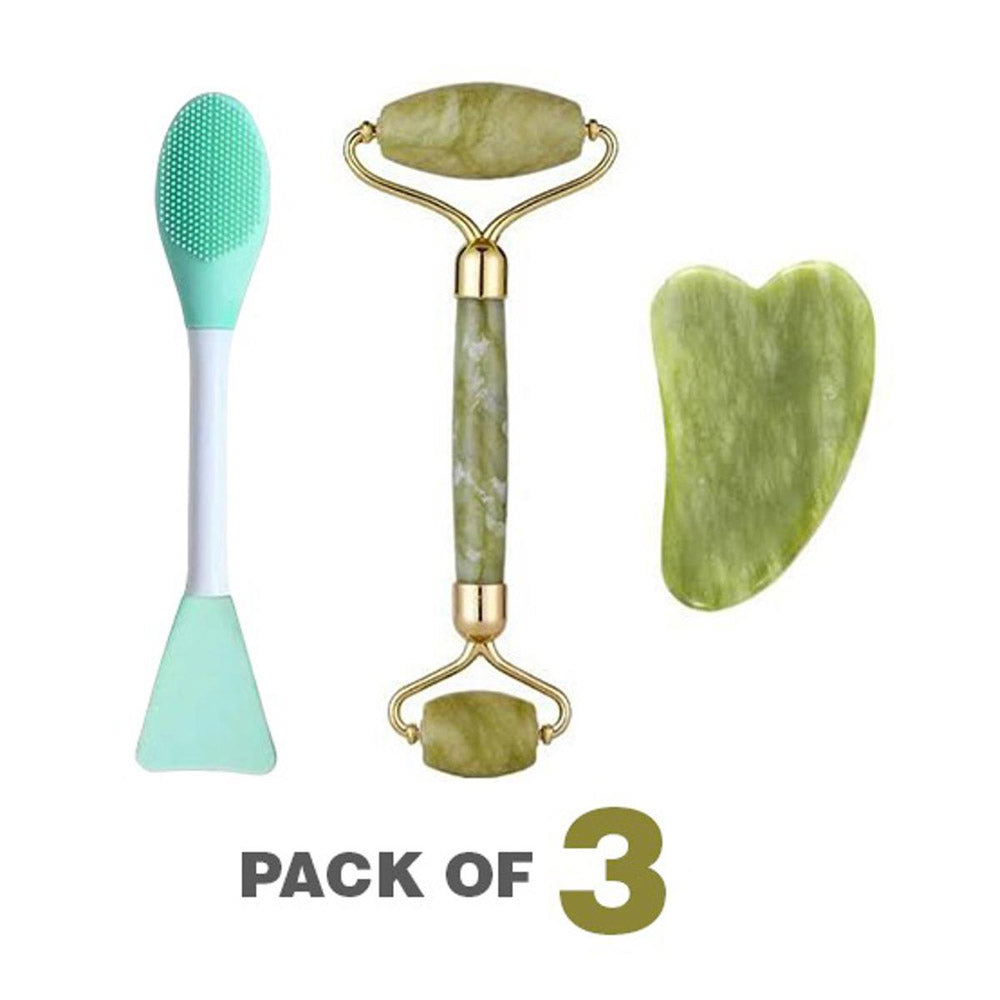 (Pack of 3) Jade Roller, Gua Sha & 2 in 1 Mask Brush and Massage Brush Set