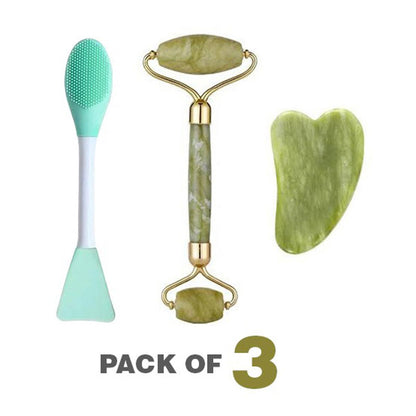 (Pack of 3) Jade Roller, Gua Sha & 2 in 1 Mask Brush and Massage Brush Set