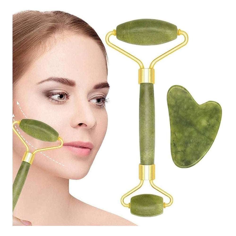 (Pack of 3) Jade Roller, Gua Sha & 2 in 1 Mask Brush and Massage Brush Set