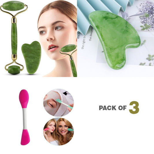 (Pack of 3) Jade Roller, Gua Sha & 2 in 1 Mask Brush and Massage Brush Set
