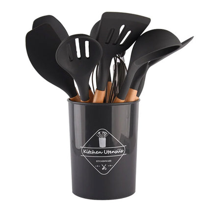 12 Pcs Silicone Cooking Spatula Utensils Wooden Handle Set