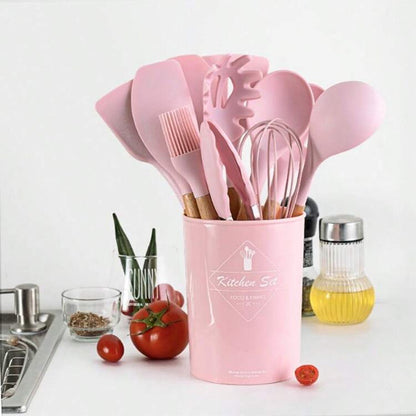 12 Pcs Silicone Cooking Spatula Utensils Wooden Handle Set