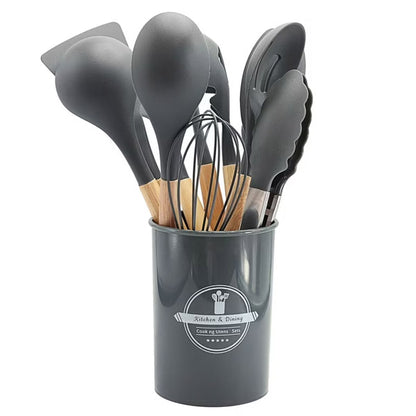 12 Pcs Silicone Cooking Spatula Utensils Wooden Handle Set
