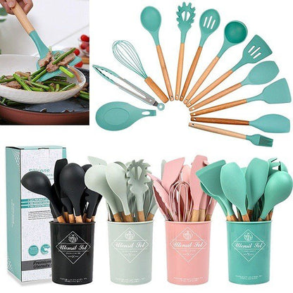 12 Pcs Silicone Cooking Spatula Utensils Wooden Handle Set