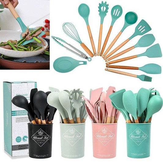 12 Pcs Silicone Cooking Spatula Utensils Wooden Handle Set