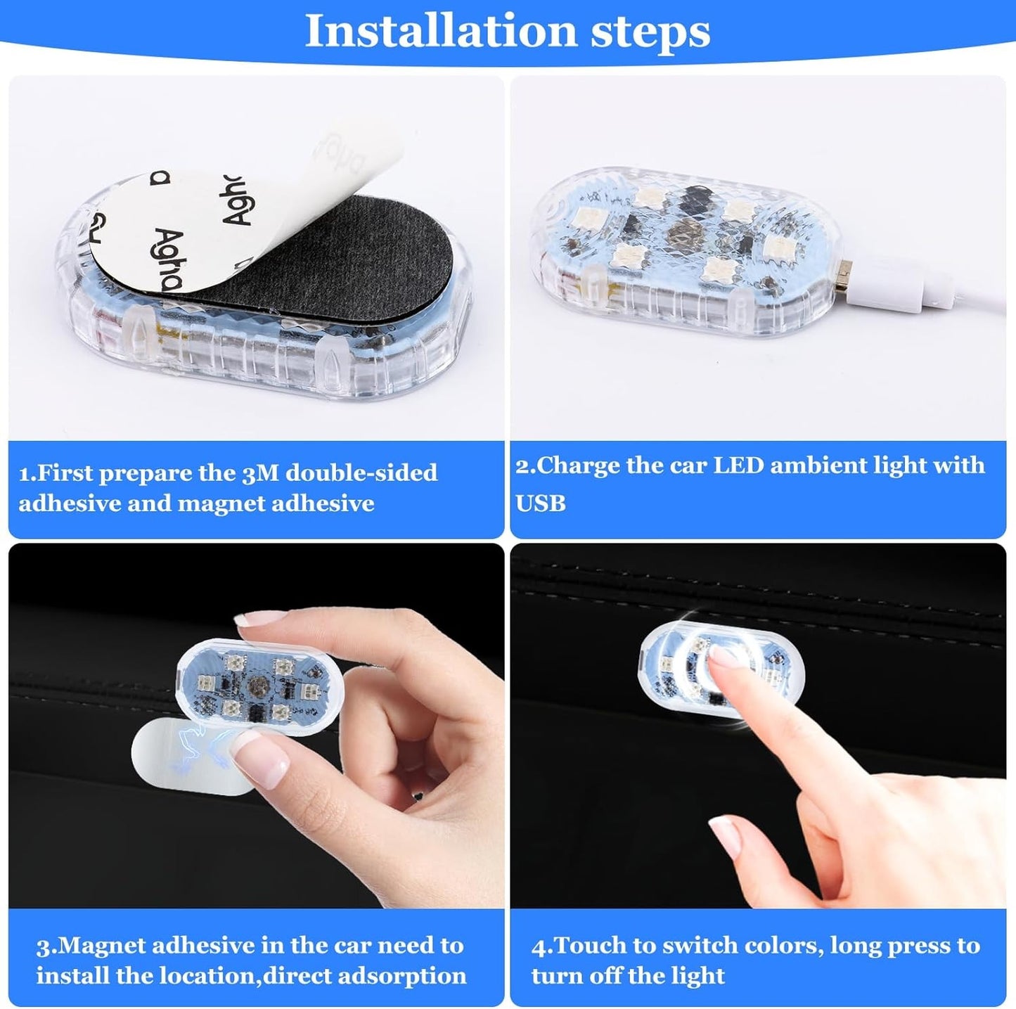 LED Touch Light Mini Wireless Car Interior Lighting Auto Roof Ceiling Reading Lamp for Door Foot Trunk Storage Box USB Charging