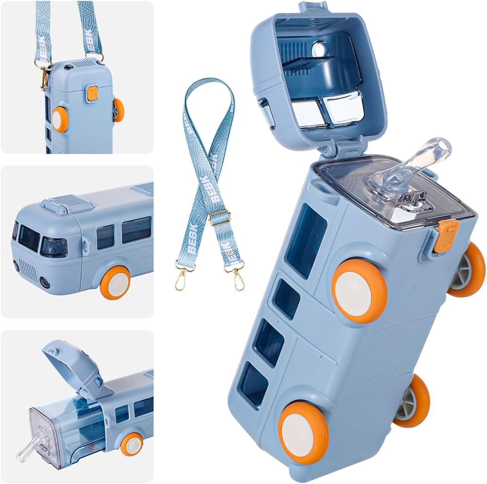 Portable Bus Water Bottle with Straw & Strap