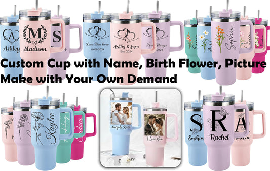Customize Personalized Tumbler Cup with Name, Birth Flower & Picture perfect for gifting or personal use.